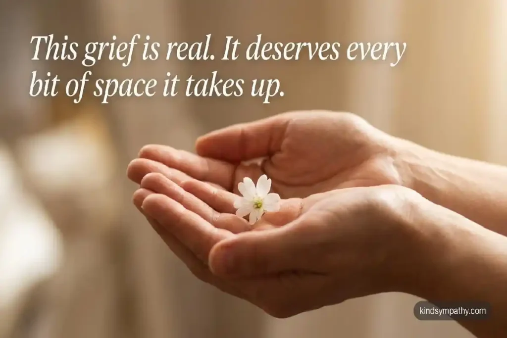 Hands holding white flower — miscarriage sympathy message for pregnancy loss — kindsympathy.com`
