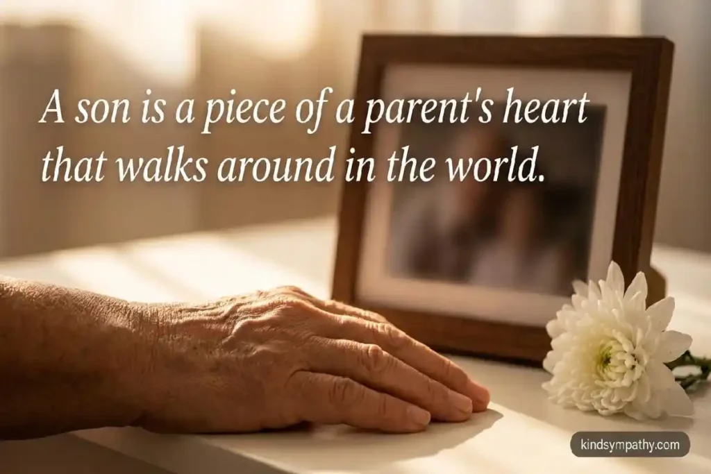 Parent's hand beside framed photo and white flower — sympathy message for loss of son — kindsympathy.com