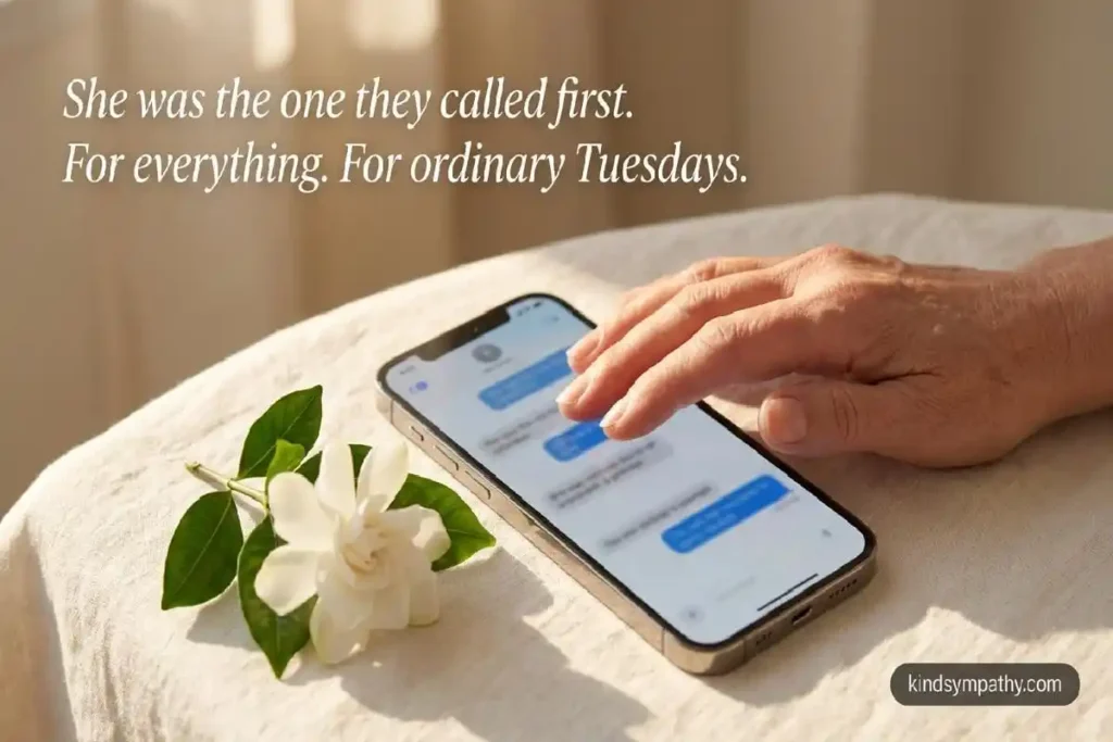 Mother's hand on phone beside white gardenia — sympathy message for loss of daughter — kindsympathy.com