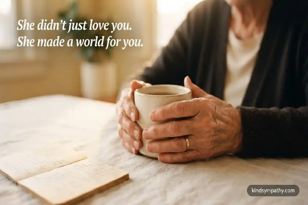 Grandmother's hands holding tea mug with recipe card — sympathy message for loss of grandmother — kindsympathy.com