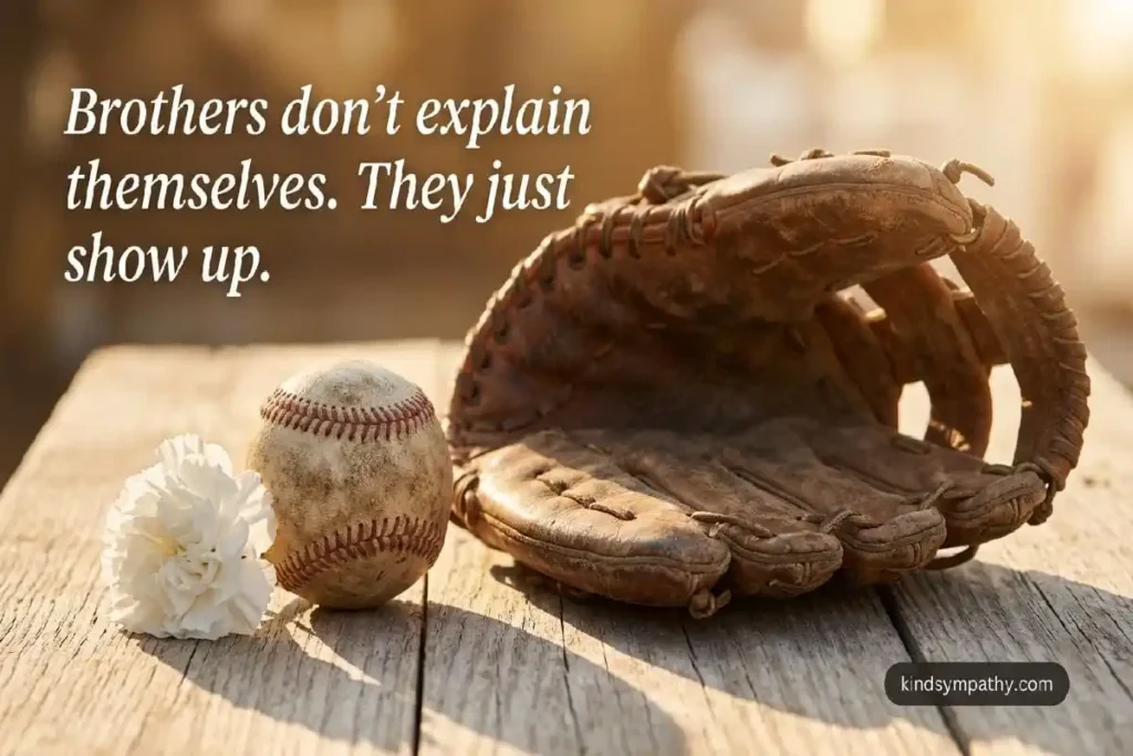 Old baseball glove and ball with white carnation — sympathy message for loss of brother