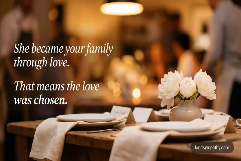 Family dinner table settings with white peonies — sympathy message for loss of mother-in-law