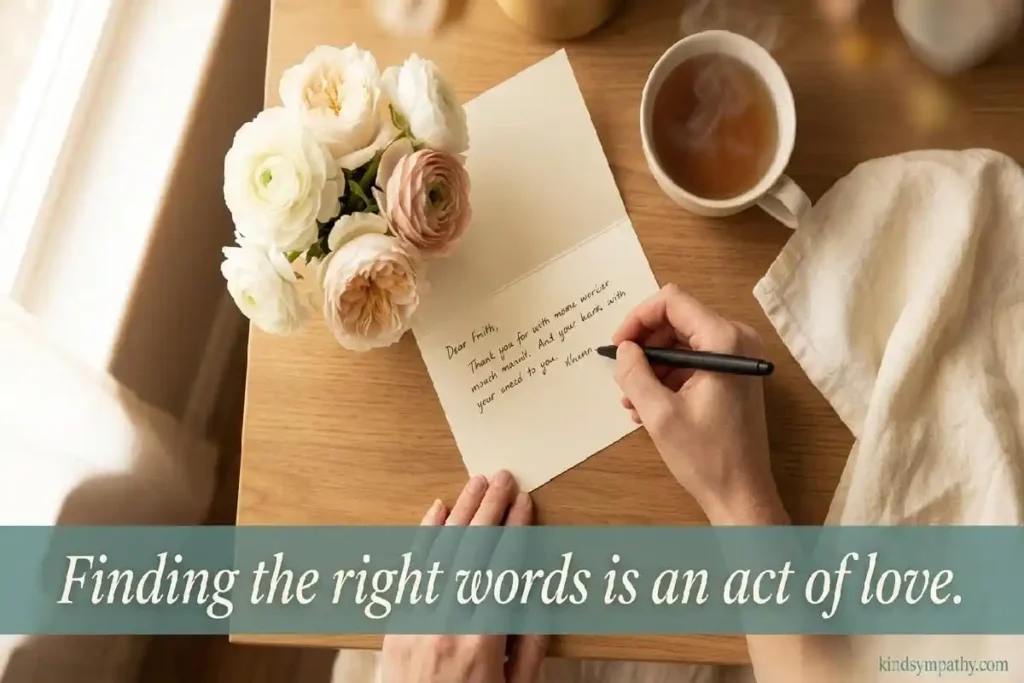 Writing sympathy messages for loss of uncle —
a handwritten condolence card with white flowers
and warm light