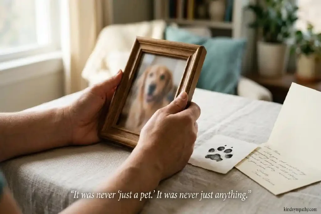 Pet loss condolence messages — hands holding framed pet
photo beside sympathy card and paw print memorial in soft
warm light