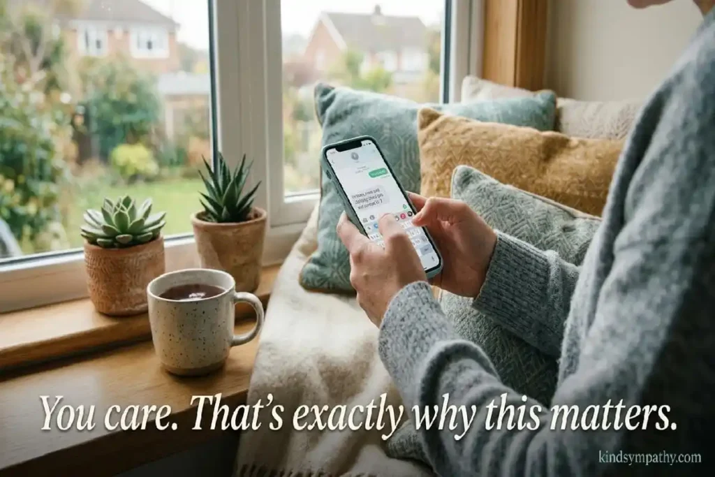 Person composing sympathy message for a friend on phone — 
   thoughtful text message