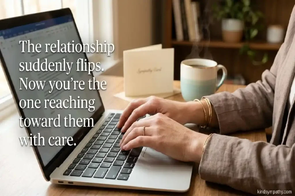 Professional workplace sympathy — thoughtful typing
of boss condolence message representing
caring professional relationships