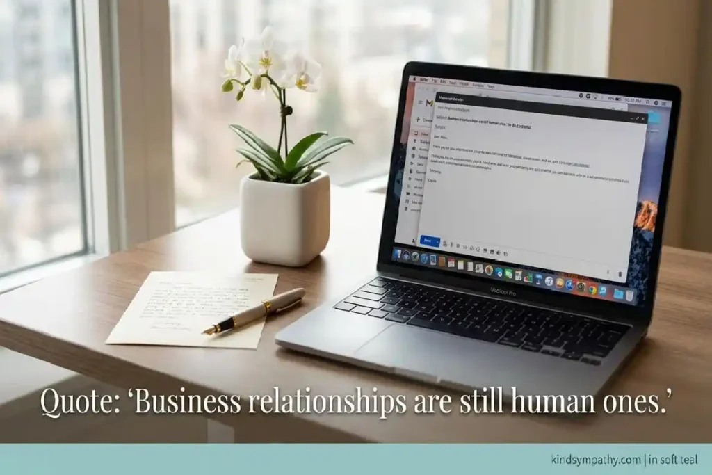 Professional desk setup for client sympathy messages — 
   laptop and handwritten note — business empathy — kindsympathy.com