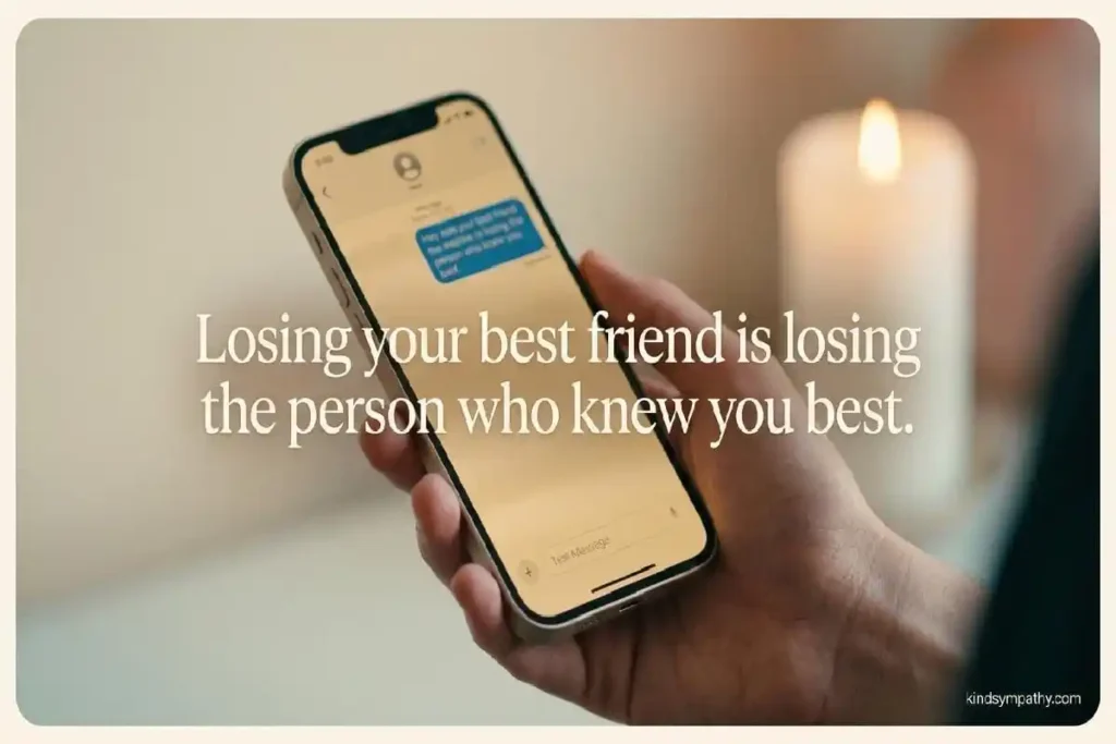 Best friend loss sympathy — hand holding phone with unread message thread, representing the specific grief of losing your best friend