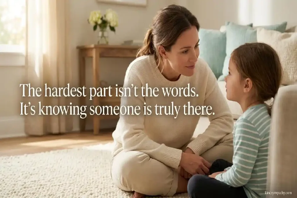 What to say to a child who lost a parent — adult crouching to child's eye level with warmth and presence, sympathy messages for grieving children