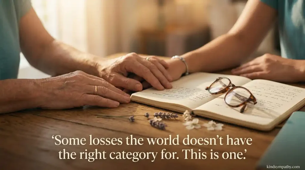 Condolences for loss of mentor β two pairs of hands near a journal, representing the passing of wisdom and the grief of losing a guiding figure