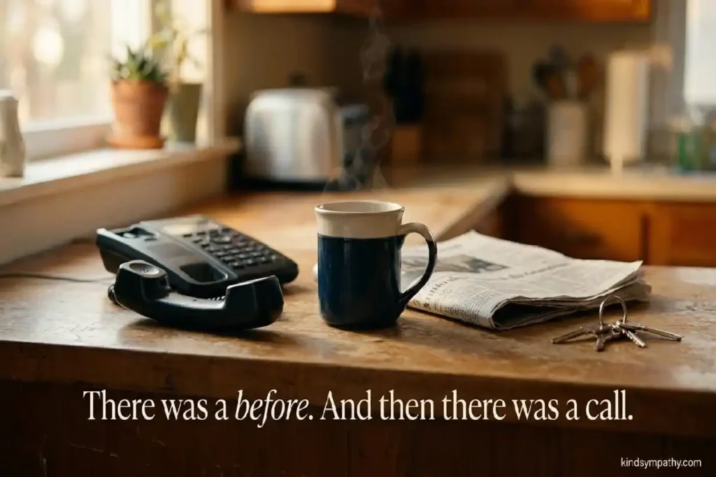 Condolences for sudden loss — a quiet kitchen scene representing the before and after of unexpected death, sympathy messages for sudden death