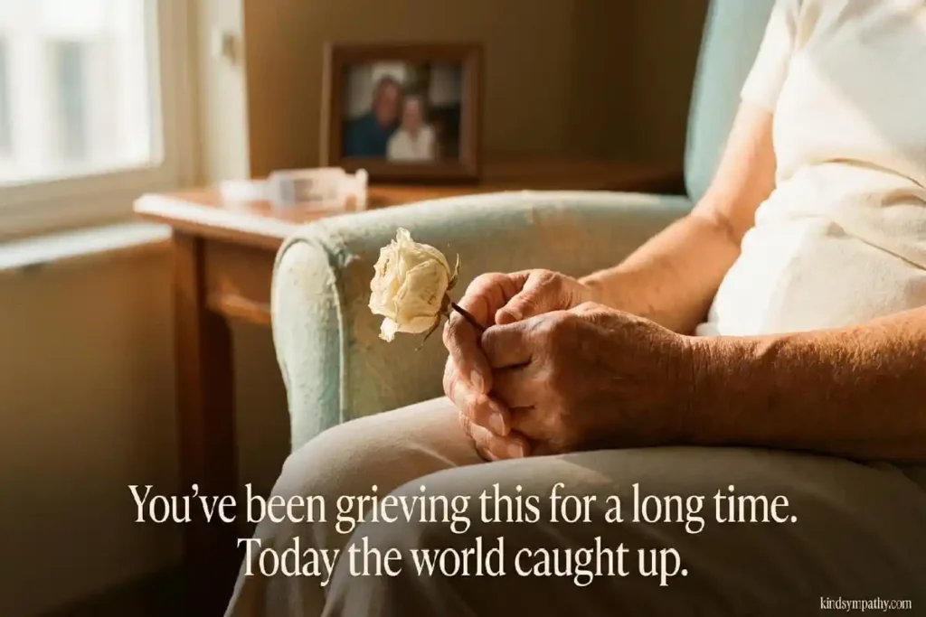 Condolences for long illness death — gentle worn hands holding a dried rose, representing the exhausted tenderness of a long illness vigil and caregiver grief