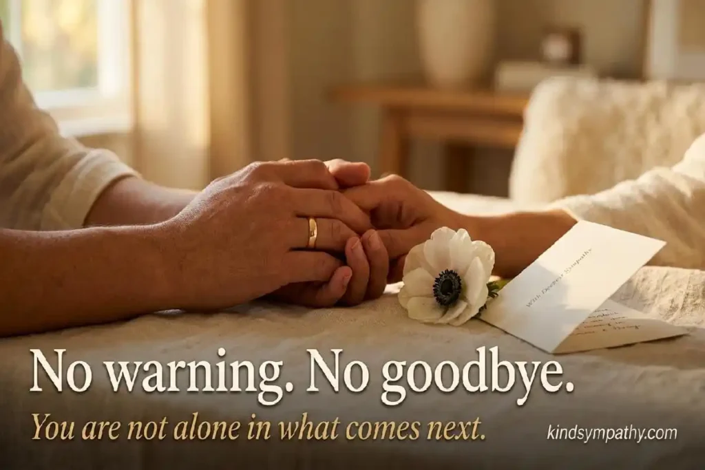 Heart attack death sympathy messages β hands with wedding ring beside a sympathy card and white flower in warm light representing sudden cardiac loss and compassionate support, kindsympathy.com