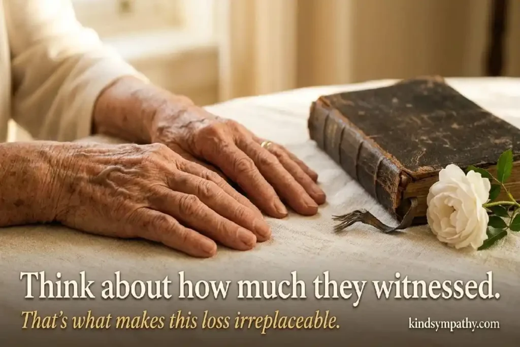 Elderly death sympathy messages — elderly hands beside a worn journal and white rose in warm afternoon light representing a life of accumulated wisdom and deep love, kindsympathy.com`