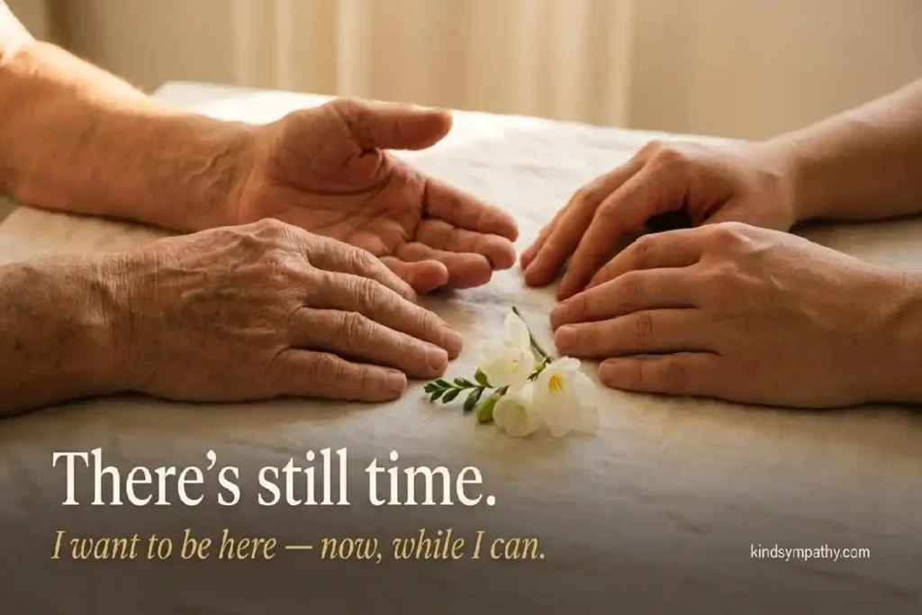 Terminal illness sympathy messages — two pairs of hands beside a white flower in warm afternoon light representing presence and support during a terminal diagnosis, kindsympathy.com