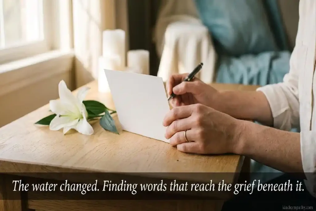 Person writing a sympathy card for drowning death loss — hands holding pen and white card with lily on wooden table — kindsympathy.com