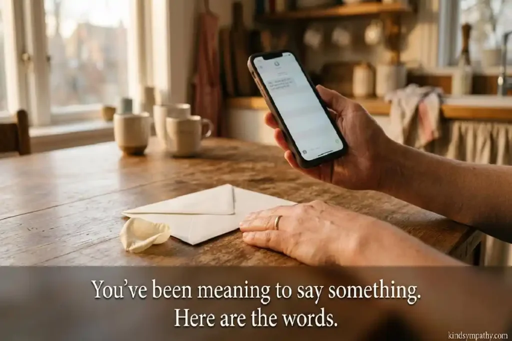 Person holding phone ready to send a belated condolence message — late sympathy text with white envelope and soft golden light — kindsympathy.com