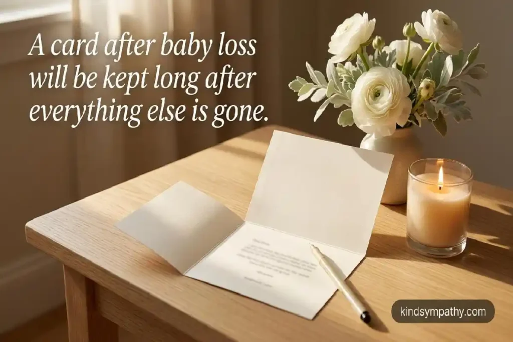 `Sympathy card and candle — what to write in a baby loss sympathy card — kindsympathy.com`