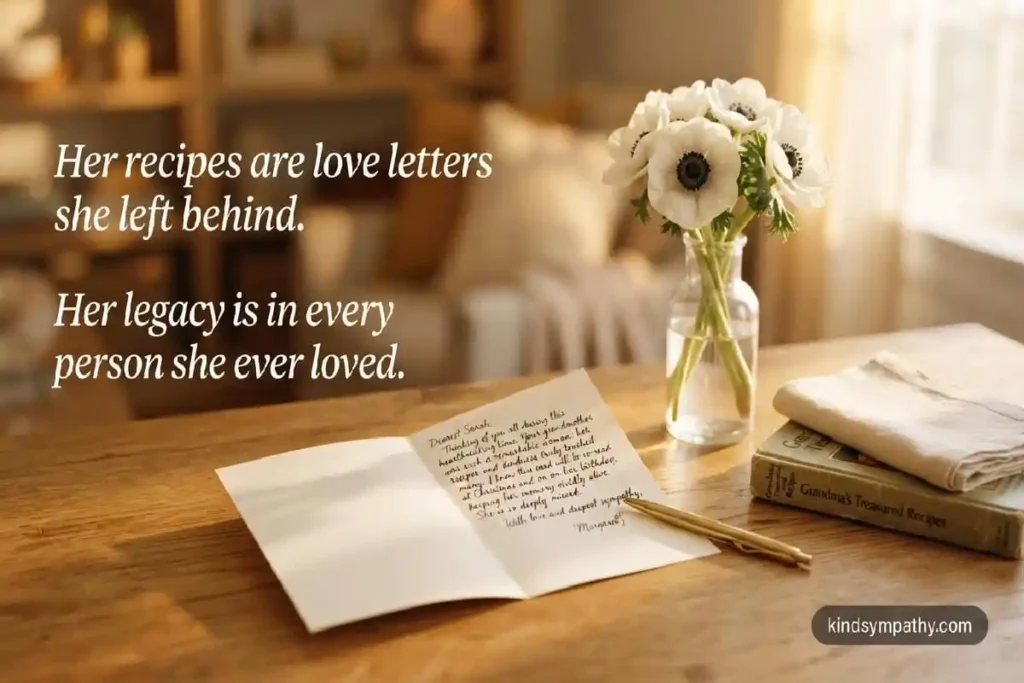 Handwritten sympathy card with white flowers and recipe book — grandma sympathy card message — kindsympathy.com