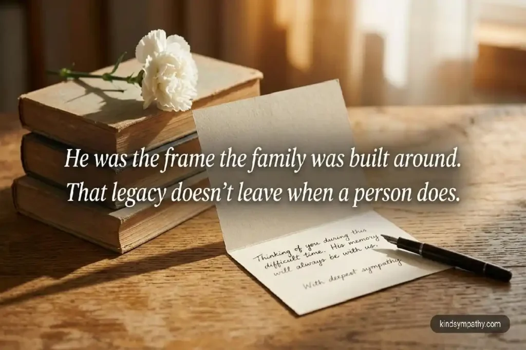 Handwritten sympathy card with books and white carnation — grandfather passed away card message — kindsympathy.com