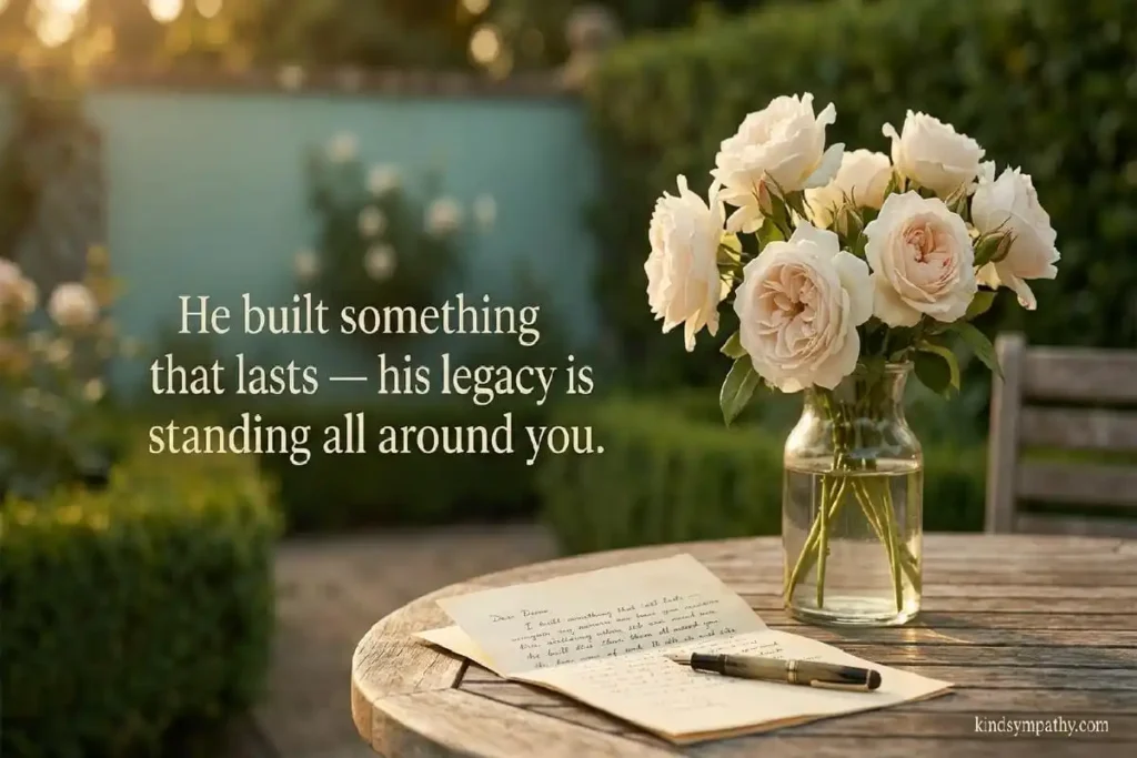 Father-in-law passed away sympathy messages —
handwritten letter beside garden roses in
golden afternoon light, warm and comforting