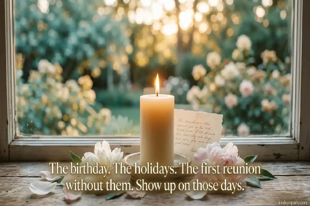 Grief messages for loss of cousin on hard dates —
candle and flowers representing remembrance
and comfort on kindsympathy.com
