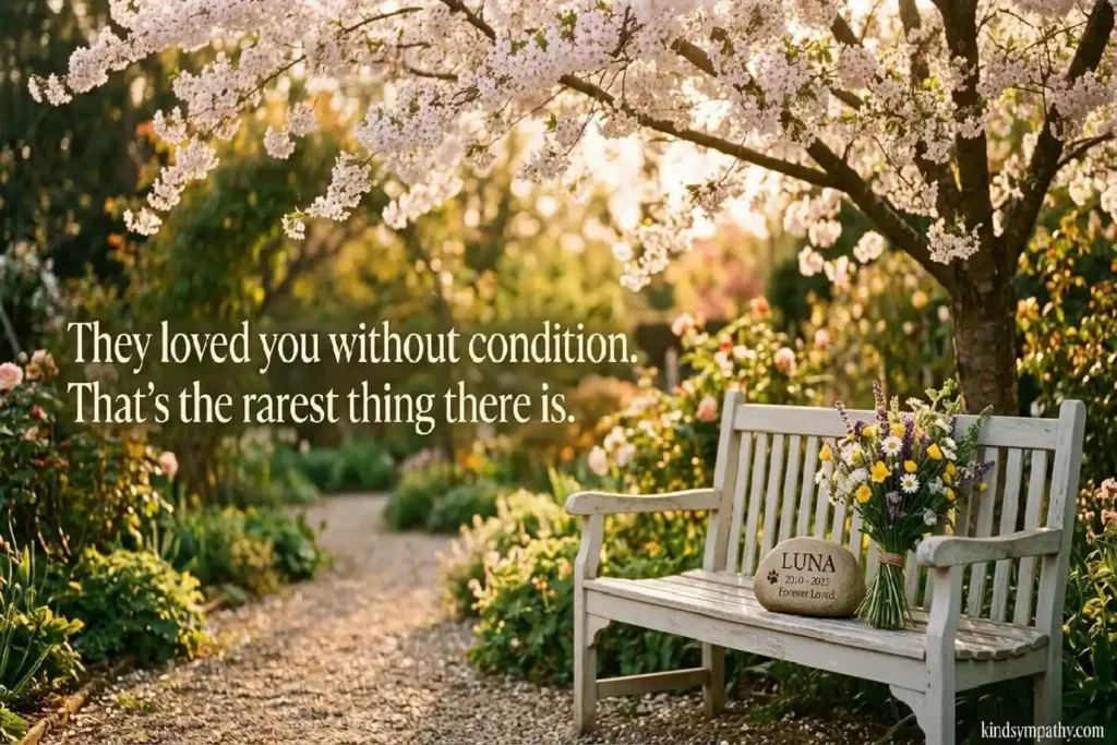Pet sympathy messages — garden memorial bench with flowers
and engraved pet tribute in golden hour light, peaceful
and healing