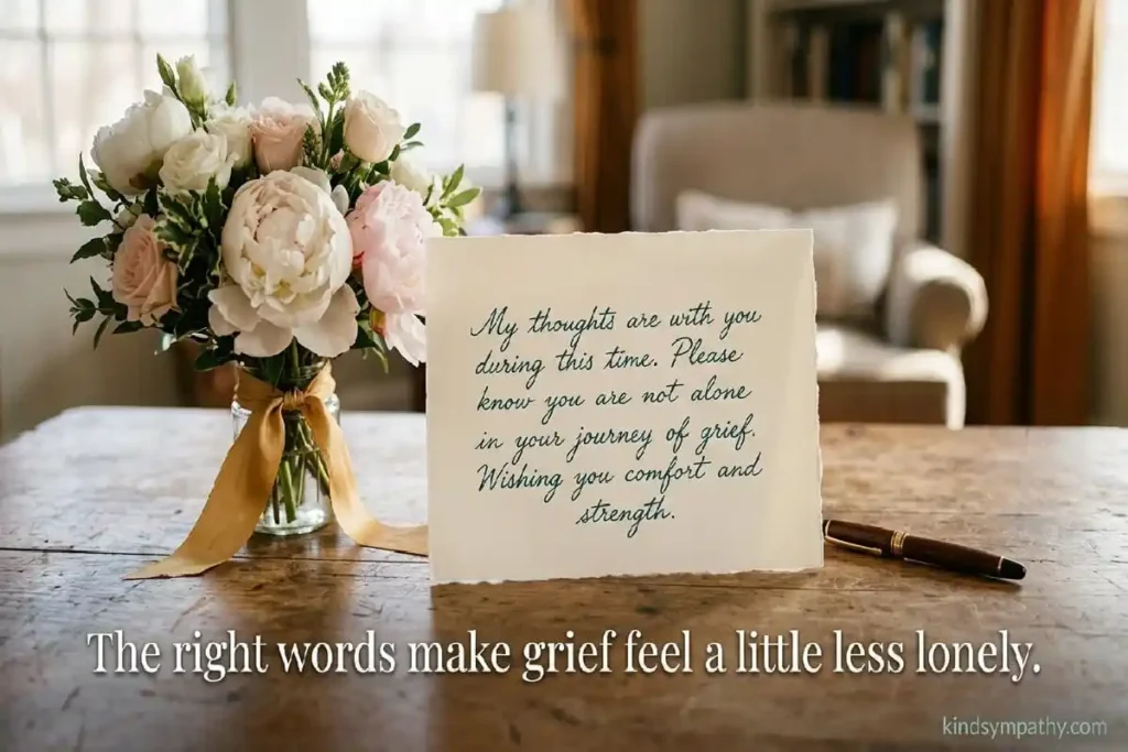Handwritten sympathy note for friend with peonies — 
   heartfelt condolence message