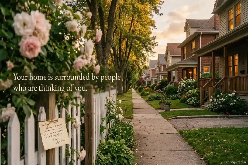 Sympathy card for neighbor — quiet residential street with
garden fences and neighboring homes in golden hour light,
community warmth and support