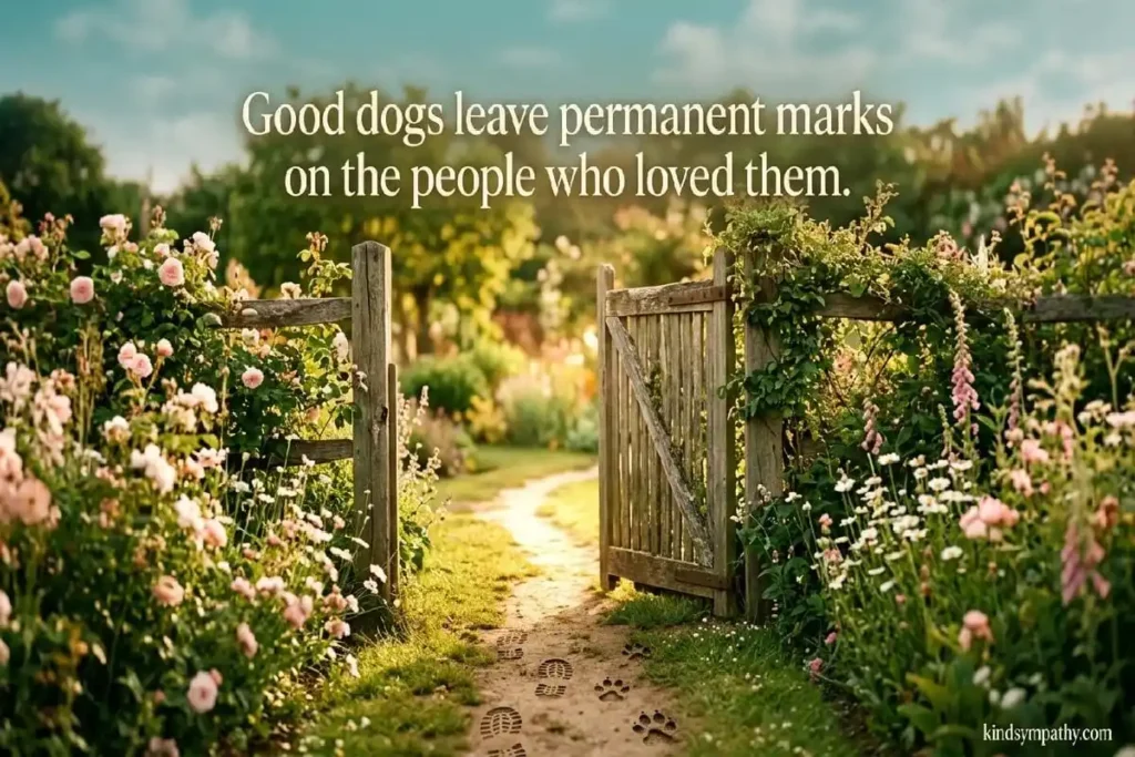 Dog death condolence — garden gate with two sets of footprints representing the bond between a dog and their person, and the grief of losing that companion