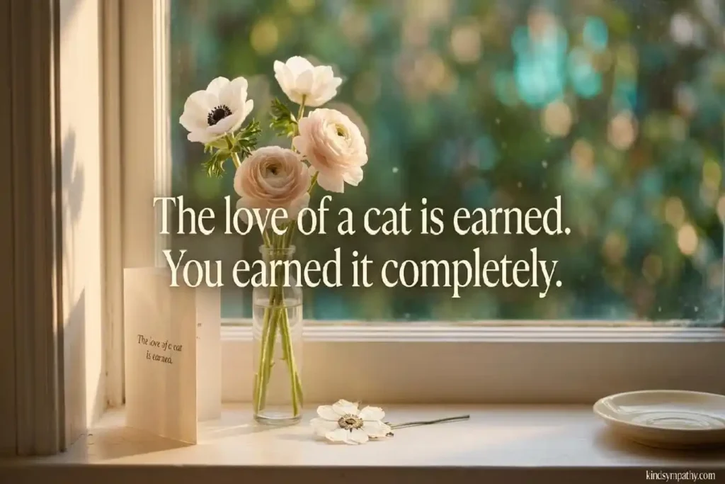 Cat death condolence — sympathy card and white flowers on a warm windowsill, representing the gesture of honoring a beloved cat's memory