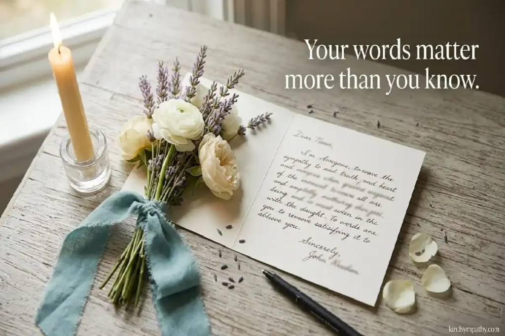 Sympathy card messages for a child who lost a parent — handwritten card with flowers and candlelight, condolence words for kids bereavement