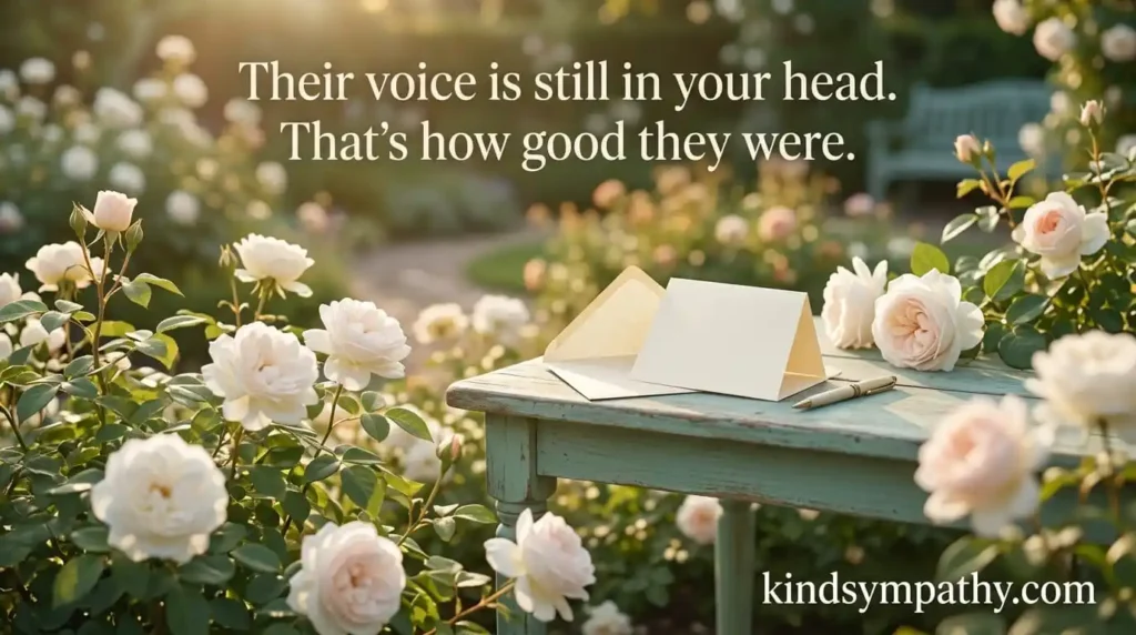 Heartfelt mentor condolence messages β soft roses and open letter in a sunlit garden, representing legacy, peace, and the lasting impact of a mentor