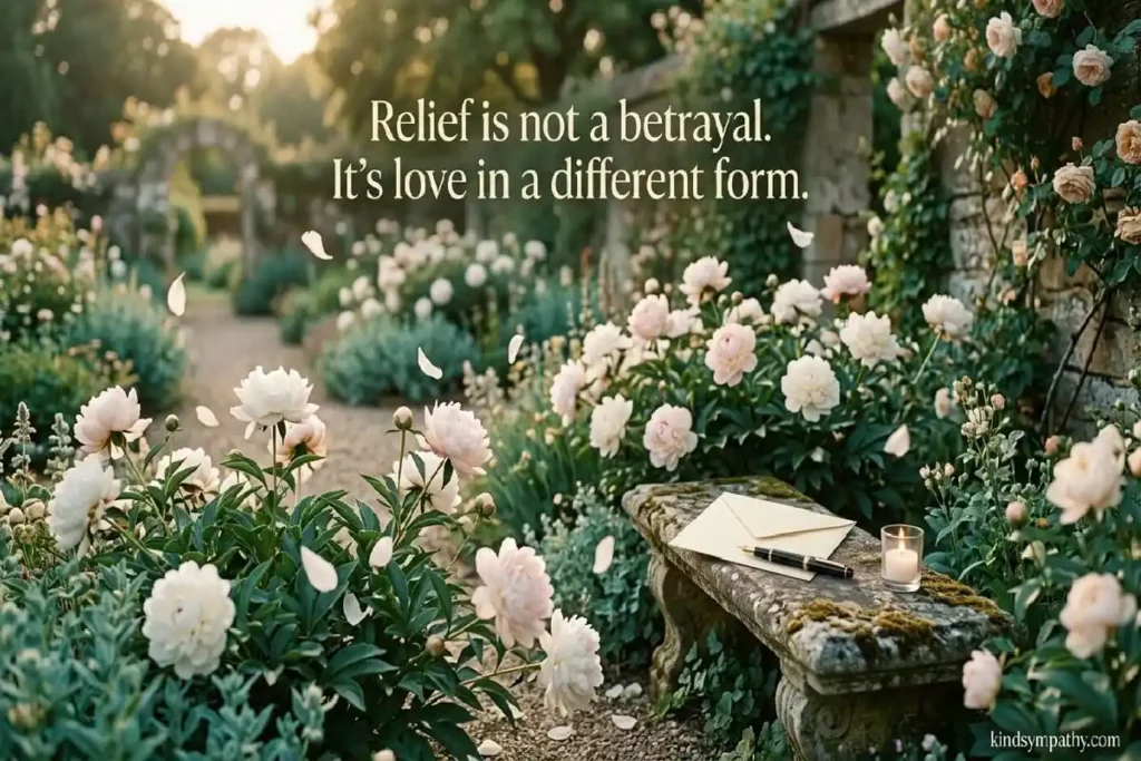 Heartfelt sympathy messages after long illness — soft peonies in afternoon light with an open card, representing peace and healing after a prolonged illness loss