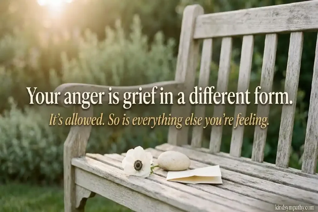 Accidental death condolence messages — white flower and river stone on a garden bench in warm morning light, representing honest emotional support for grief after an unexpected loss, kindsympathy.com