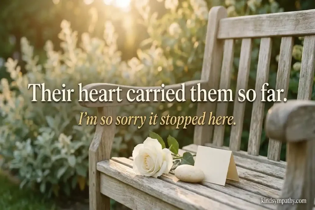 Heart attack condolence messages β white rose and river stone on a garden bench in morning light representing tribute and compassion for sudden cardiac death grief, kindsympathy.com