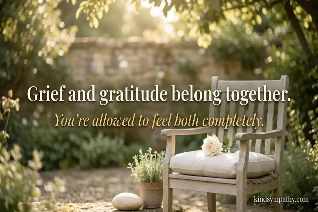 Condolences for elderly passing — white rose on a garden chair in warm morning light representing grief and gratitude held together for a life fully lived, kindsympathy.com