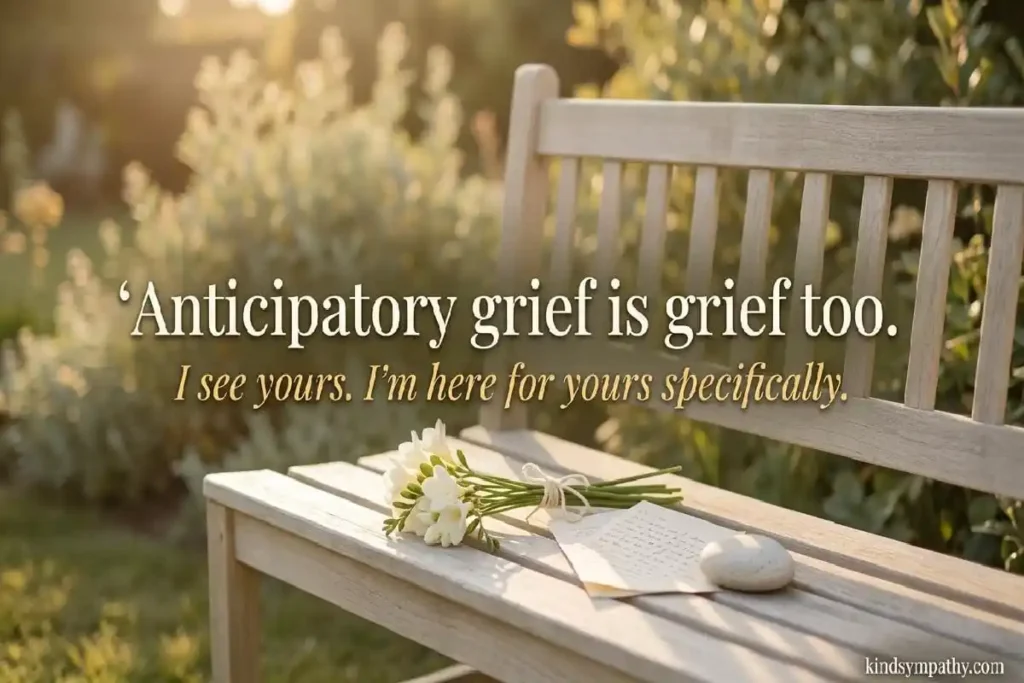 Terminal diagnosis support messages — white flowers and handwritten note on a garden bench in warm afternoon light representing anticipatory grief support for families, kindsympathy.com