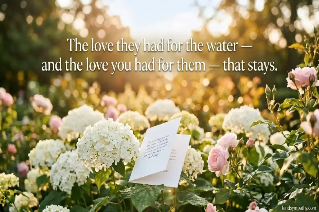 Comforting sympathy message for drowning loss — white flowers and handwritten card in soft golden morning garden light — kindsympathy.com