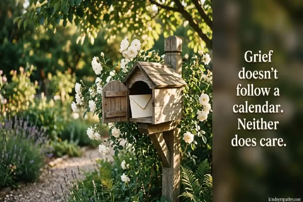 White mailbox with cream envelope and white roses in golden sunlight — belated condolence messages — grief has no expiry date — kindsympathy.com