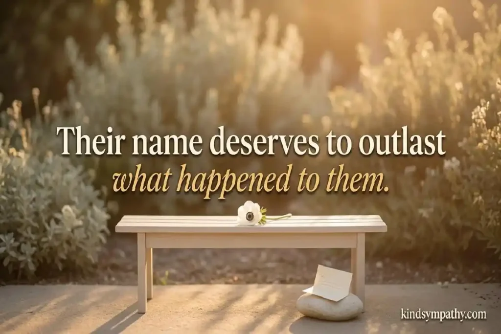 Homicide bereavement messages — white flower and handwritten note on a garden bench in warm afternoon light representing tribute to a murder victim as a full person, not just a crime, kindsympathy.com