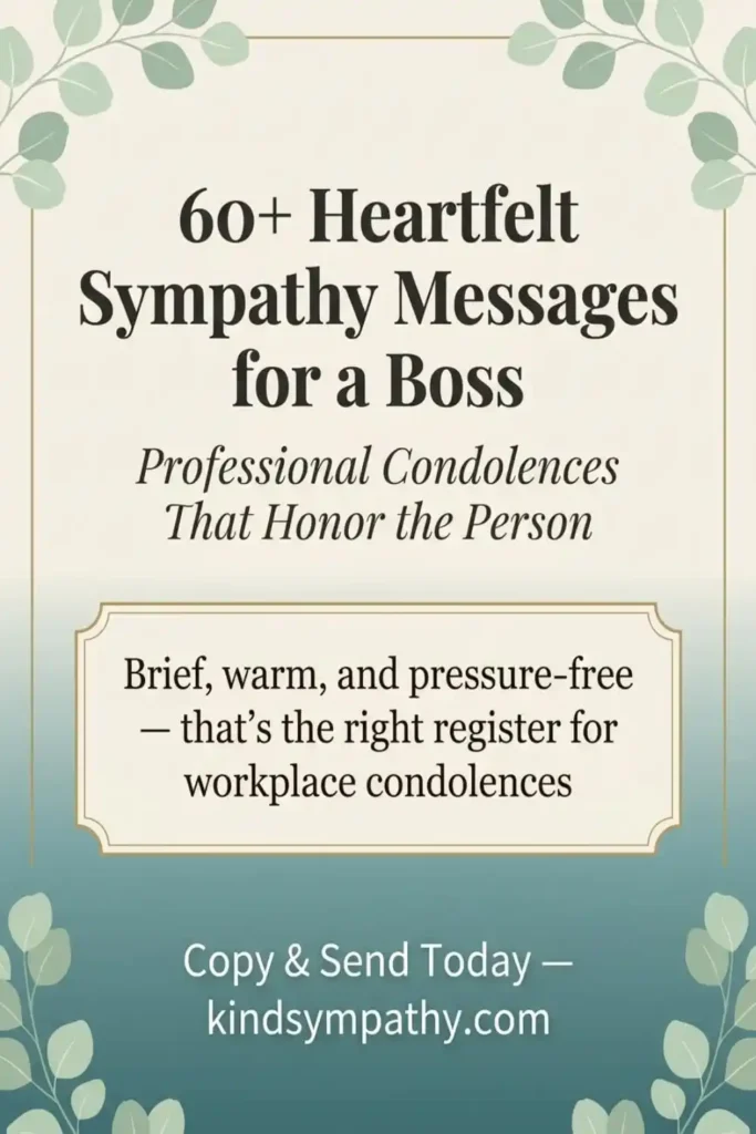 "60+ heartfelt sympathy messages for a boss —
Pinterest pin for workplace condolence messages
and professional bereavement support from kindsympathy.com"