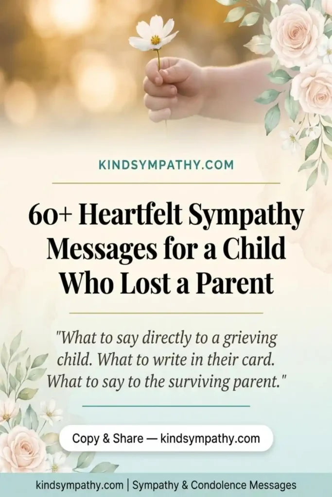 60+ heartfelt sympathy messages for a child who lost a parent — age-appropriate words for grieving children, cards, and families — kindsympathy.com