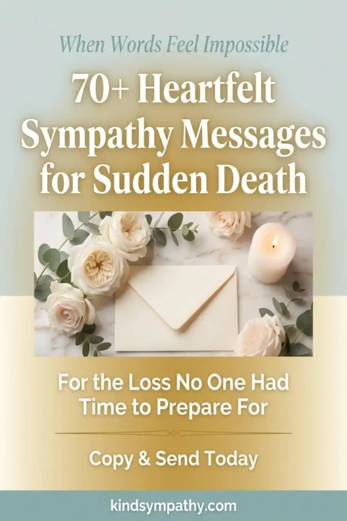 70+ heartfelt sympathy messages for sudden death — Pinterest pin from kindsympathy.com with condolence words for unexpected loss, shock grief cards and texts