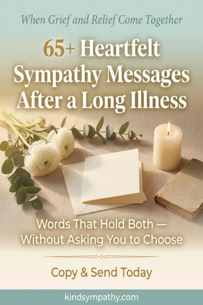 65+ heartfelt sympathy messages after long illness — Pinterest pin from kindsympathy.com with condolence words for grief and relief, caregiver loss and expected death sympathy`
