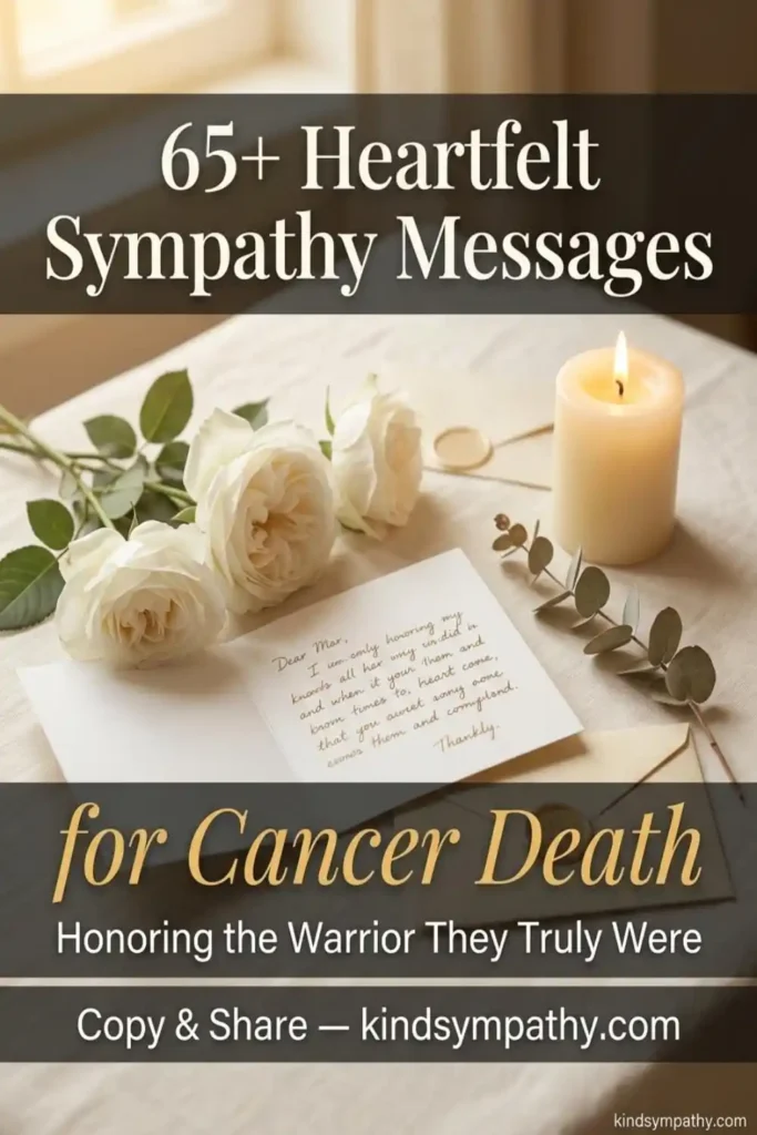 65+ heartfelt sympathy messages for cancer death — Pinterest pin featuring tribute condolence messages for cancer loss, kindsympathy.com
