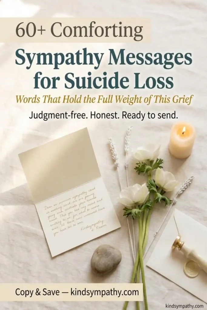 60+ comforting sympathy messages for suicide loss β Pinterest pin with white flowers and sympathy card representing judgment-free condolences after suicide, kindsympathy.com