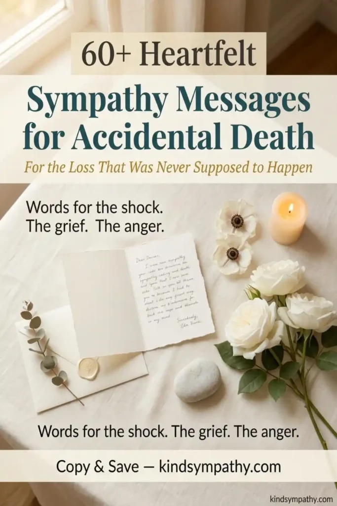 60+ heartfelt sympathy messages for accidental death — Pinterest pin with white roses and sympathy card representing words of comfort for sudden and unexpected loss, kindsympathy.com