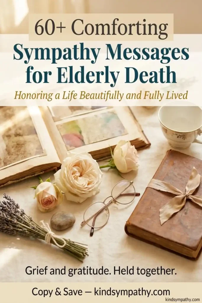 60+ comforting sympathy messages for elderly death — Pinterest pin with vintage photo album and roses representing a life beautifully and fully lived, kindsympathy.com