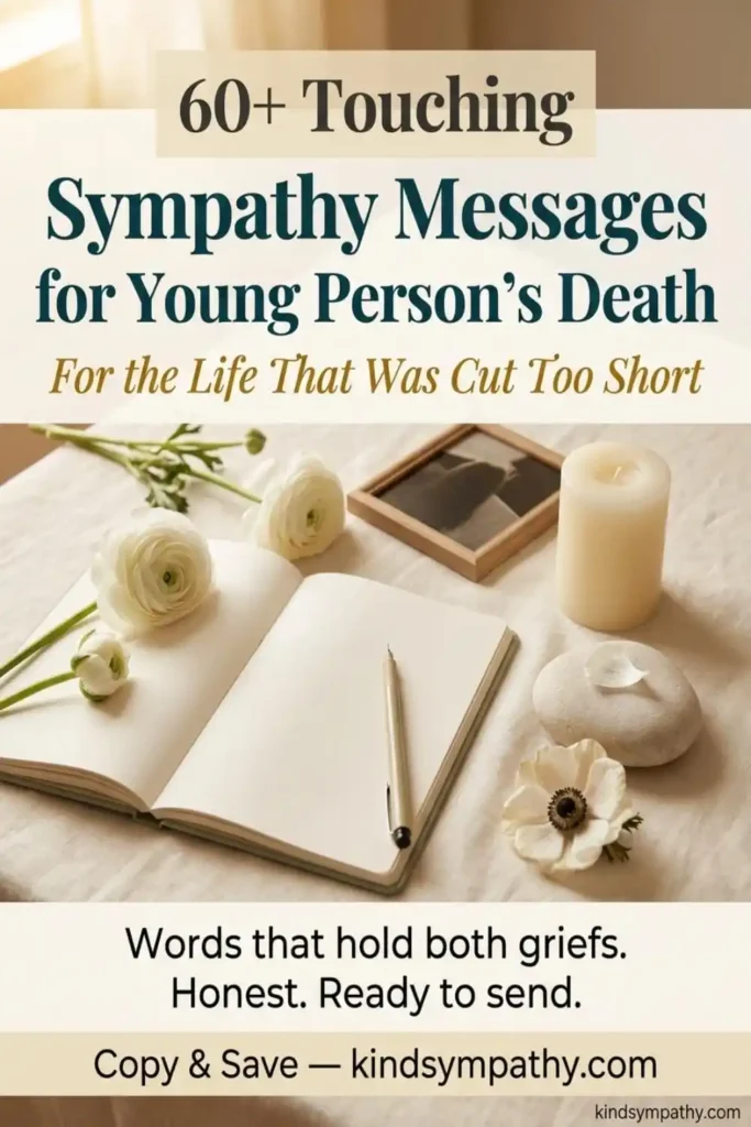 60+ touching sympathy messages for young person's death — Pinterest pin with journal and white flowers representing untimely death condolences for a life cut short, kindsympathy.com